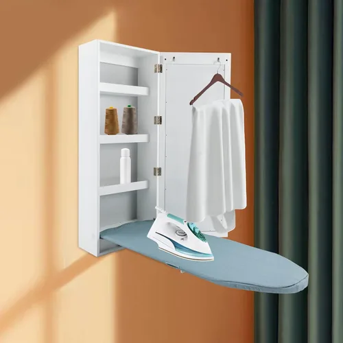 Miniatura 3 de Armario para tabla de planchar, colgador de pared plegable con espejo, estante organizador de almacenamiento de tabla de planchar, soporte de hierro