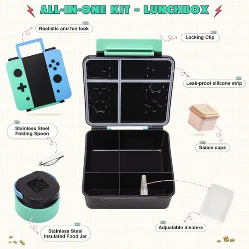 Miniatura 2 de Caja Bento Game para niños, lonchera con termo (tarro de comida de 9 onzas), cuchara plegable, divisor extraíble y taza de salsa, lonchera infantil