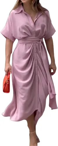 Miniatura 2 de CHARTOU Elegante vestido de blusa irregular de manga corta con botones y cinturón para mujer