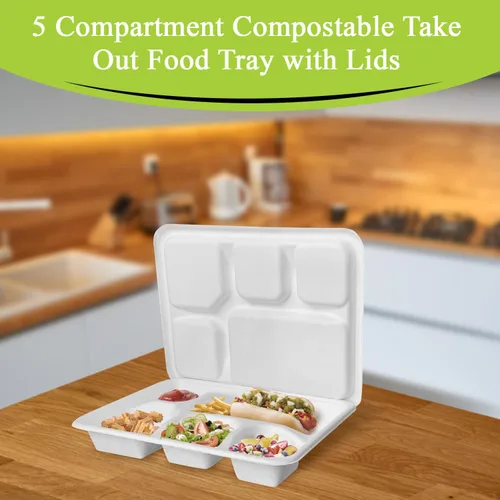 Miniatura 2 de three leaf Bandeja de comida con tapa de 5 compartimentos, 200 juegos. Bandeja de bagazo desechable resistente y ecológica con tapa, platos 100% 5