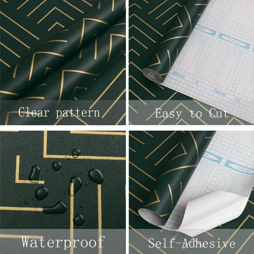 Miniatura 4 de Heroad Papel tapiz autoadhesivo para despegar y pegar, 393 x 17.3 pulgadas, papel tapiz geométrico verde oscuro y dorado, papel adhesivo