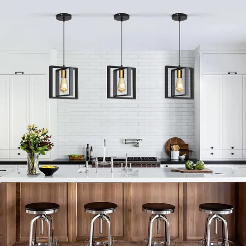 Miniatura 19 de Lámpara colgante estilo granja, luces colgantes negras para isla de cocina, luz colgante de metal industrial y madera vintage, lámpara de techo