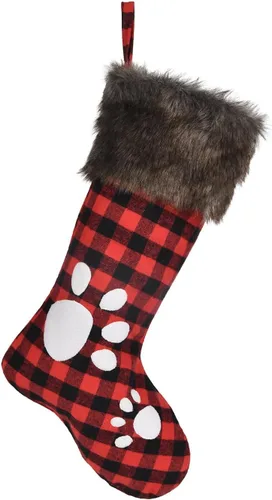 Calcetín de Navidad 2025, adorno de Navidad, calcetín hecho a mano con huellas de perro, patrón con piel sintética, adornos para fiesta de invierno