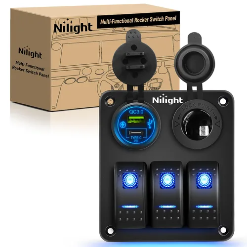 Miniatura 26 de Nilight - Panel de interruptor basculante de 4 bandas 90117G, panel de interruptores de aluminio precableado impermeable con doble USB encendedor