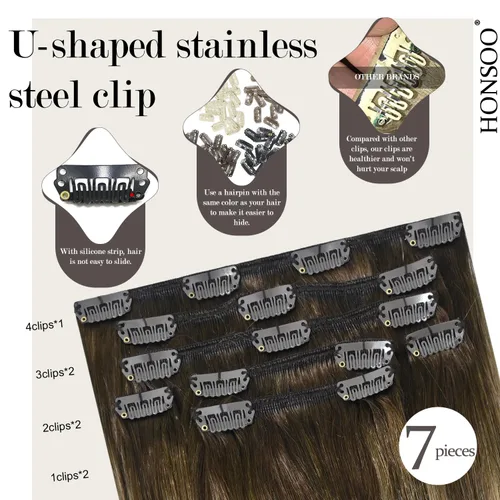 Miniatura 3 de Honsoo Extensiones de cabello humano real con pinzas, color marrón chocolate a rubio, 2.47 onzas, 7 unidades, 15 pulgadas, extensiones de cabello