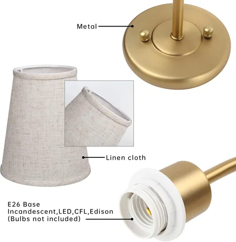 Miniatura 5 de Apliques de pared de 2 luces con embudo de tela de lino, lámparas de pared de doble luz para dormitorio, sala de estar, tocador, baño, pasillo, Latón