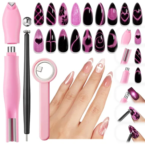 modelones Juego de imanes de ojo de gato, esmalte de gel francés con corazón de ojo de gato, kit de herramientas de uñas de doble cabeza 5 en 1,