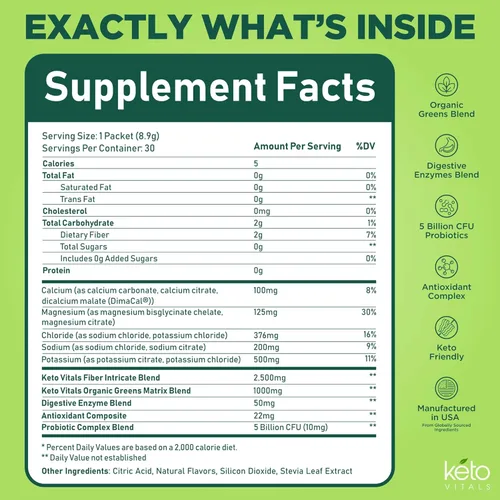 Miniatura 4 de Keto Vitals Keto Electrolytes Plus Greens Superfood - Paquetes de polvo de 30 porciones Super Greens con electrolitos sin azúcar para hidratación
