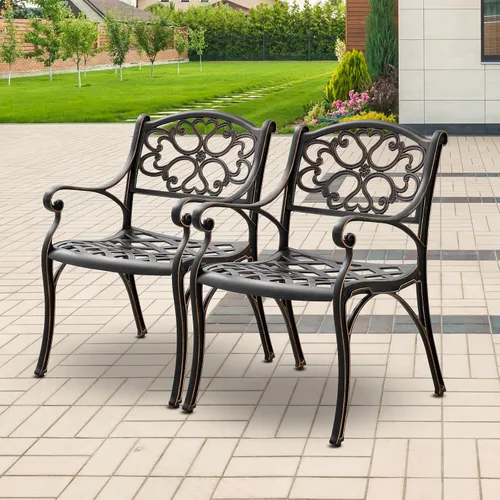 Miniatura 13 de Juego de 2 sillas de comedor de aluminio fundido para exteriores, juego de sillas de bistró para patio con reposabrazos, sillas de comedor