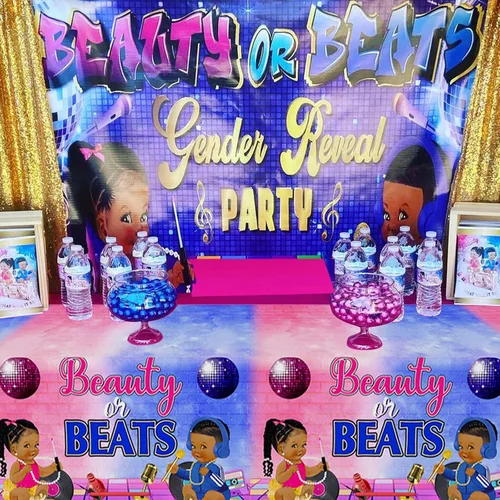 Miniatura 2 de Beauty or Beats - Decoraciones de revelación de género - Mantel de revelación de género de hip hop, decoraciones de mesa para él o ella de los años