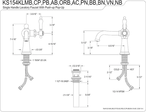 Miniatura 2 de Kingston Brass KS154KLCP Grifo de baño náutico de una sola manija con Push Pop-Up, cromo pulido