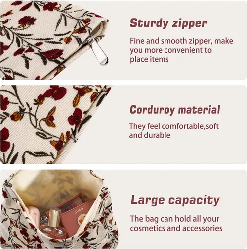 Miniatura 5 de Juego de 2 bolsas de maquillaje de flores con diseño floral para viajes para mujeres y niñas, bolsa de maquillaje grande con cremallera pequeña