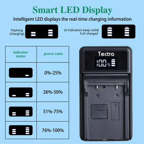 Miniatura 5 de Tectra 2 baterías EN-EL5 y cargador LED para cámaras Nikon Coolpix P530, P520, P510, P100, P500, P5100, P5000, P6000, P90, P80