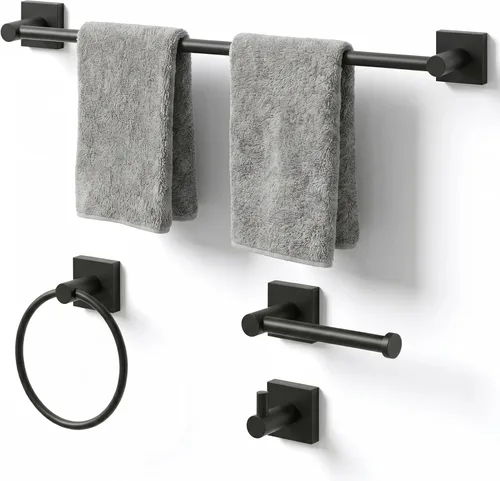 Miniatura 14 de Juego de toallas de baño de 24 pulgadas para montar en la pared, juego de 4 piezas de acero inoxidable duradero con toallero, anillo para toallas