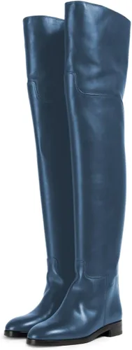 Miniatura 13 de YDN Botas planas de pantorrilla ancha para mujer, con puntera redonda, por encima de la rodilla, con tacón bajo, botas altas hasta el muslo, zapatos