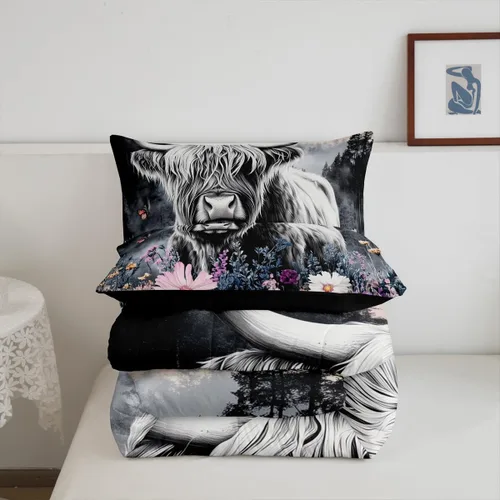 Miniatura 7 de Erosebridal - Juego de funda de edredón con flores de vaca de las Highlands, tamaño Queen, diseño de ganado vacuno, montañas con humo, decoración