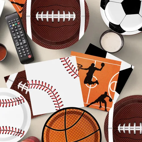 Miniatura 7 de Decoraciones deportivas para fiestas de cumpleaños, 80 unidades, platos y servilletas para fiestas deportivas, béisbol, fútbol, baloncesto, rugby