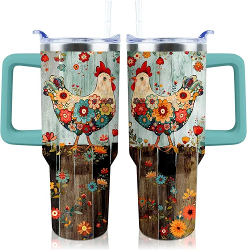 Miniatura 7 de Vaso de 40 onzas con asa y tapa con popote a prueba de fugas, diseño de pollo y gallo, taza de viaje de café con asa aislada para bebidas frías