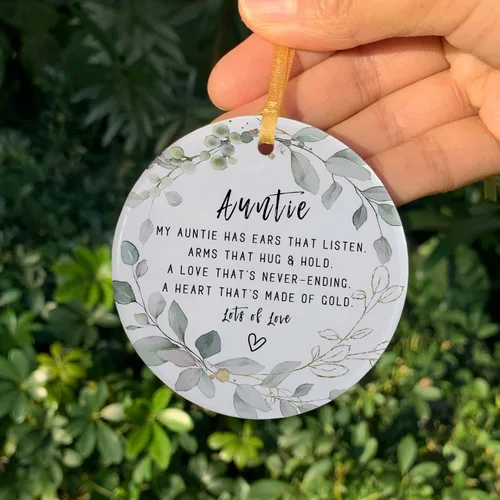 Miniatura 9 de Adorno de Navidad para tía 2026, recuerdo redondo de cerámica, para colgar en árboles de Navidad, refrigeradores o ventanas, incluye caja de regalo