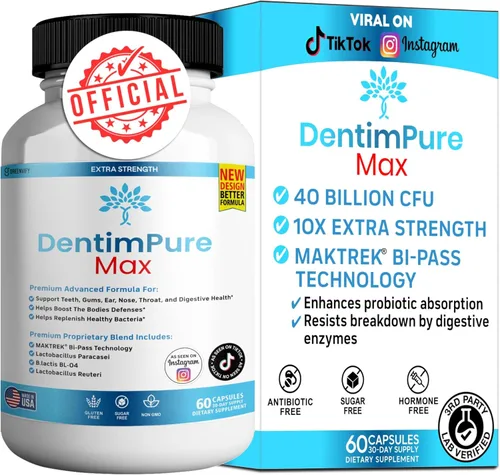 DentimPure Max Suplemento probiótico extra fuerte con 40 mil millones de UFC – Apoya los dientes, las encías, los oídos, la nariz, la garganta y la