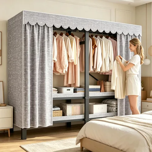 Miniatura 11 de Armario portátil plegable de 59.1 pulgadas para colgar ropa, perchero resistente con cubierta, percheros plegables de metal independientes, armario