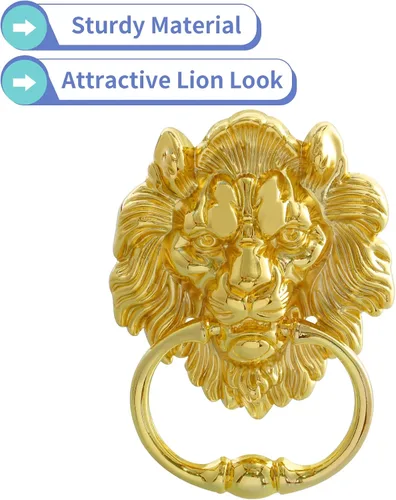 Miniatura 4 de MOLIGOU Aldaba de puerta con cabeza de león, aldaba decorativa para puerta delantera de 6 pulgadas, manija de anillo de puerta de león antiguo Dorado