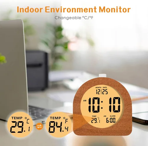 Miniatura 6 de Plumeet Reloj Despertador Digital de Madera para Dormitorios, Reloj Despertador de Madera de 4'' a Batería con Repetición y Luz Nocturna, Reloj