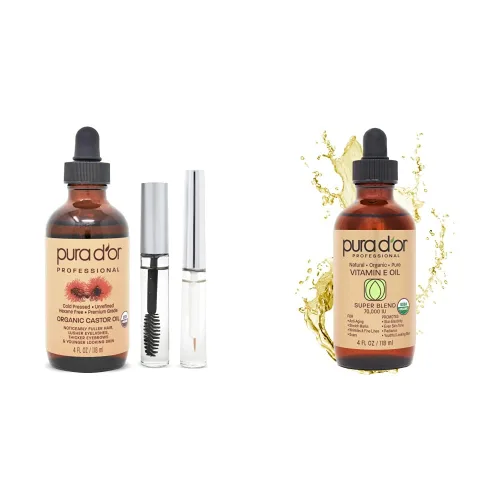 PURA D'OR Aceite de ricino orgánico (4 onzas + 2 cepillos prellenados de pestañas y cejas de tiempo limitado) 100% puro, prensado en frío, suero de