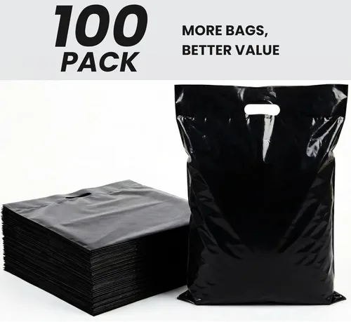 Miniatura 3 de Bolsas de plástico grandes de 16 x 18 pulgadas con asas, bolsas de plástico grandes con asas, paquete de 100 bolsas de mercancía negras gruesas