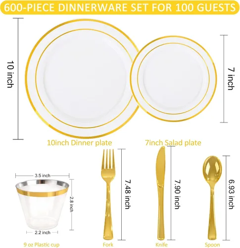 Miniatura 5 de WELLIFE Juego de vajilla desechable de 600 piezas color dorado y blanco para 100 invitados, platos de plástico blanco con borde dorado, platos