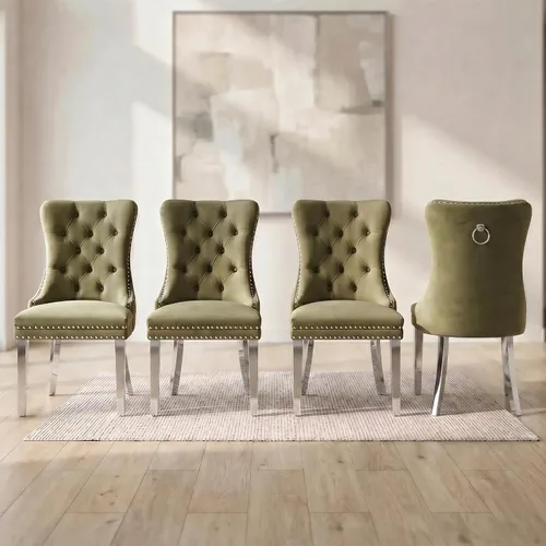 Miniatura 138 de OVENTA Juego de 6 sillas de comedor modernas tapizadas copetudas, sillas de comedor de terciopelo beige cálido con patas de madera maciza, sillas