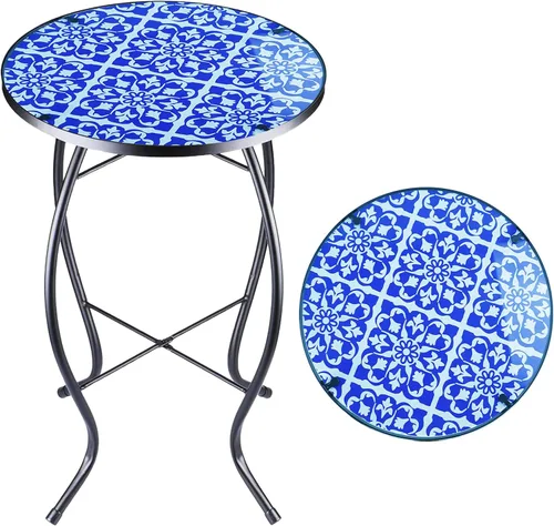 Arbuxzuy Mesa auxiliar pequeña de 12 pulgadas para exteriores con mosaico azul-blanco, mesa de patio con mosaico de vidrio para interiores, mesa de