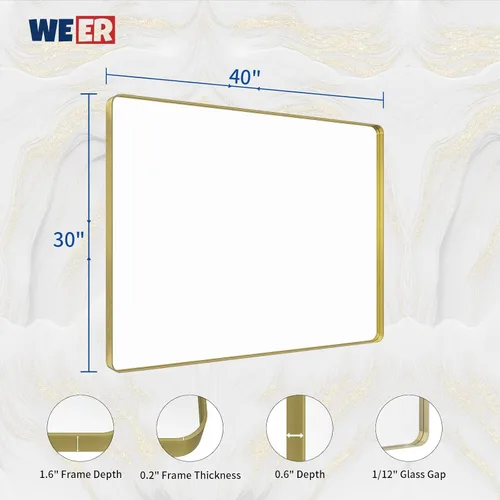 Miniatura 6 de WEER - Espejo de baño dorado, espejo de marco de metal dorado cepillado de 40x30 pulgadas, espejo de tocador de baño de oro con forma de rectángulo