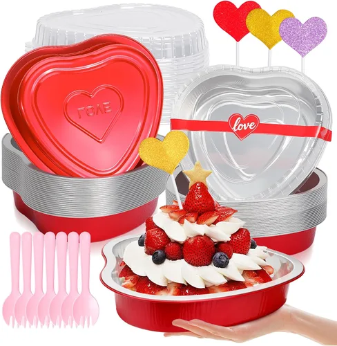 20 Pack 22oz Heart Shaped Cake Pans with Lids,Aluminum Foil Heart Baking Cups,Disposable Ramekins Liners Tins for Valentine's Day