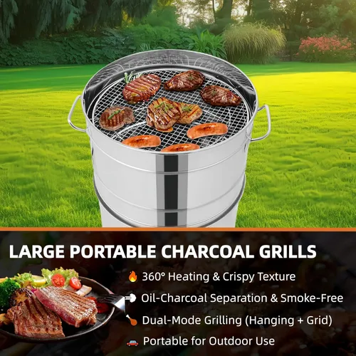 Miniatura 2 de Parrilla vertical 2 en 1 para ahumar, barbacoa de carbón portátil de acero inoxidable sin humo de 360°, para barbacoa al aire libre, campamento