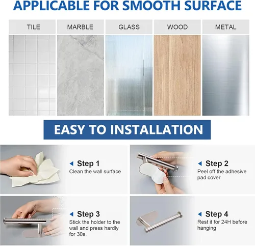 Miniatura 6 de athroom Soporte de papel higiénico autoadhesivo para montaje en pared, acero inoxidable, sin perforar, soporte para papel higiénico, para pegar