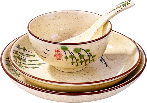Miniatura 10 de Juego de vajilla de cerámica de 4 piezas, plato, plato, tazón, cuchara, juego de vajilla de mesa japonesa pintada a mano, un buen juego de vajilla