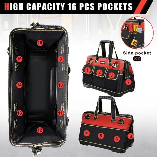 Miniatura 4 de Bolsa de herramientas portátil de 20 pulgadas para hombres con base moldeada impermeable, bolsa de herramientas de gran capacidad y boca ancha, Rojo