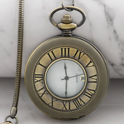 Miniatura 8 de Hollow Roman Digital Pocket Watch Cover para hombre, calendario romano Dial Reloj de bolsillo de cuarzo para hombre con cadena