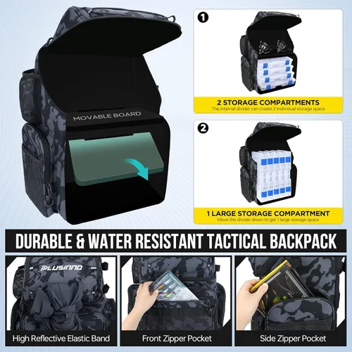 Miniatura 6 de PLUSINNO - Mochila de pesca con portacañas y enfriador de 45L, mochila grande resistente al agua para aparejos de pesca, ideal para guardar