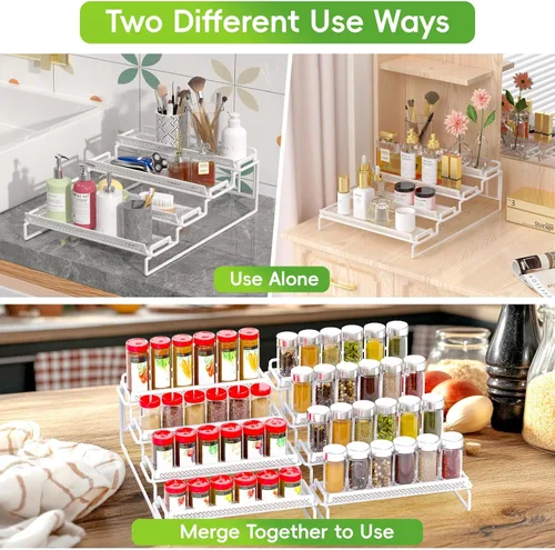 Miniatura 7 de Organizador de especias ajustable de 4 niveles para gabinete, color blanco (2 piezas S & L), estante de especias expandible con barandilla