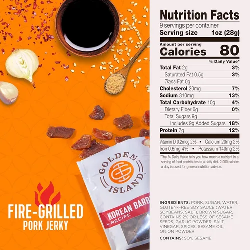 Miniatura 2 de Golden Island Cecina de Cerdo con Sabor a Barbacoa Coreana, Snack de Carne Especial, Sin Gluten con Condimento de Barbacoa Coreana, Snack