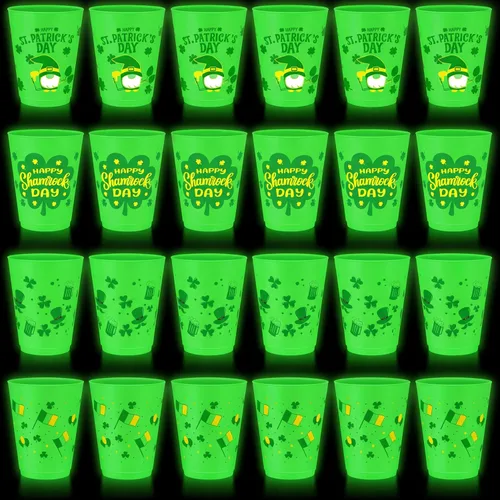 24 tazas de decoración de fiesta del Día de San Patricio que brillan en la oscuridad, vasos de plástico esmerilado de 16 onzas, vaso reutilizable