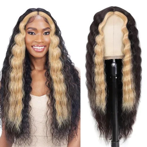Miniatura 10 de FEEL ME Peluca rizada sintética de 28 pulgadas, pelucas largas de encaje de onda profunda para mujeres negras, cuero cabelludo sintético, rizos