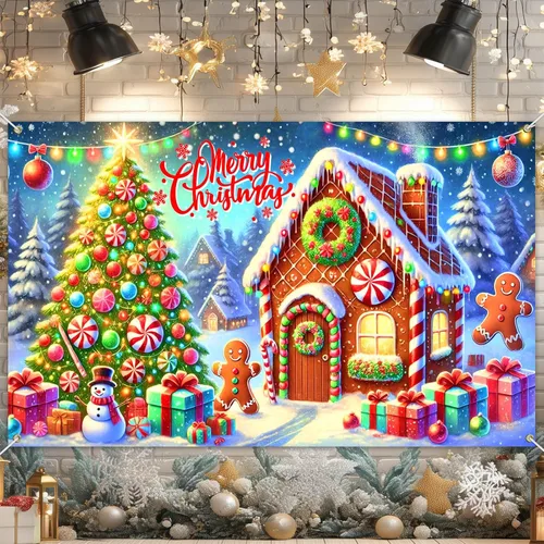 Miniatura 11 de BlissYard Telón de fondo de tren de Papá Noel, 71 x 43 pulgadas, pancarta de escena de Navidad de pan de jengibre, fondo de fotos para fiestas