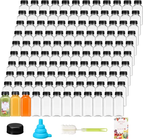 Miniatura 15 de SUPERLELE 12 botellas de plástico de 8 onzas con tapas, recipientes transparentes reutilizables para jugo con etiquetas, embudo y cepillo