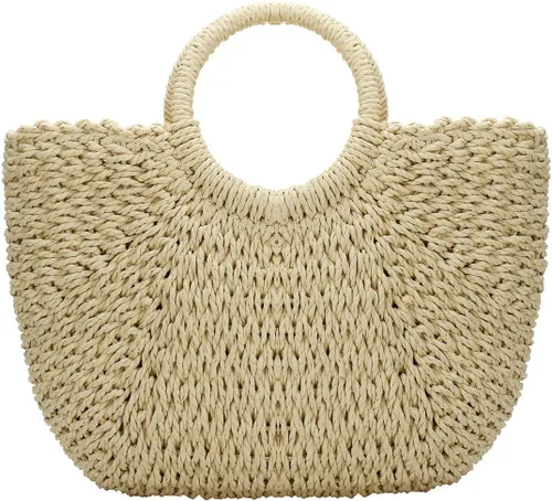 YYW Bolsas de paja para mujer, bolsa grande de paja tejida a mano, asa redonda, anillo de mano, retro, verano, playa, bolsa de ratán