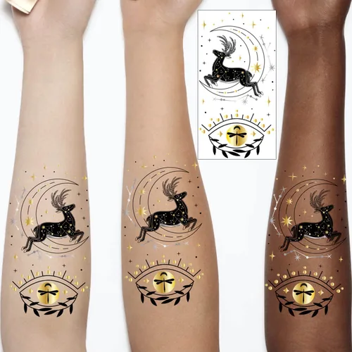 Miniatura 3 de Glaryyears Tatuaje temporal dorado metálico, paquete de 18 tatuajes falsos de larga duración, paquete variado de tatuajes realistas