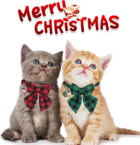 Miniatura 3 de PTDECOR Paquete de 2 Collares de Navidad para Gatos, Collar a Cuadros con Cascabel de Moño Extraíble, Collares de Navidad con Moño a Cuadros de Arco