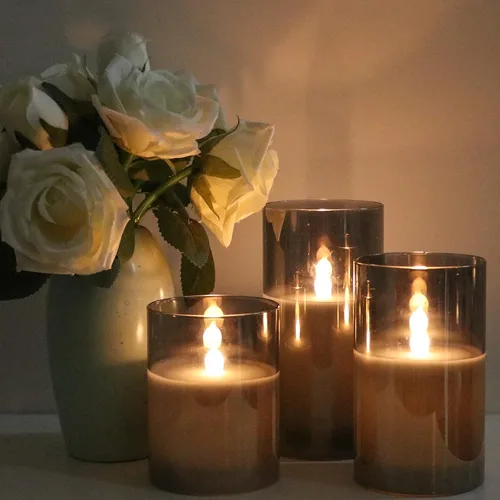 Miniatura 4 de GenSwin - Velas LED sin llama de cristal gris que funcionan con batería, con temporizador y control remoto de 10 teclas, velas de cera real de luz